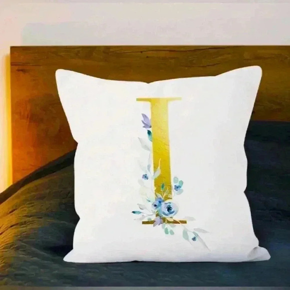 Pillow Covers 18x18” 1 pc I Alphabet Linen White/Gold I Blue Floral Boho Cottage - Picture 2 of 13
